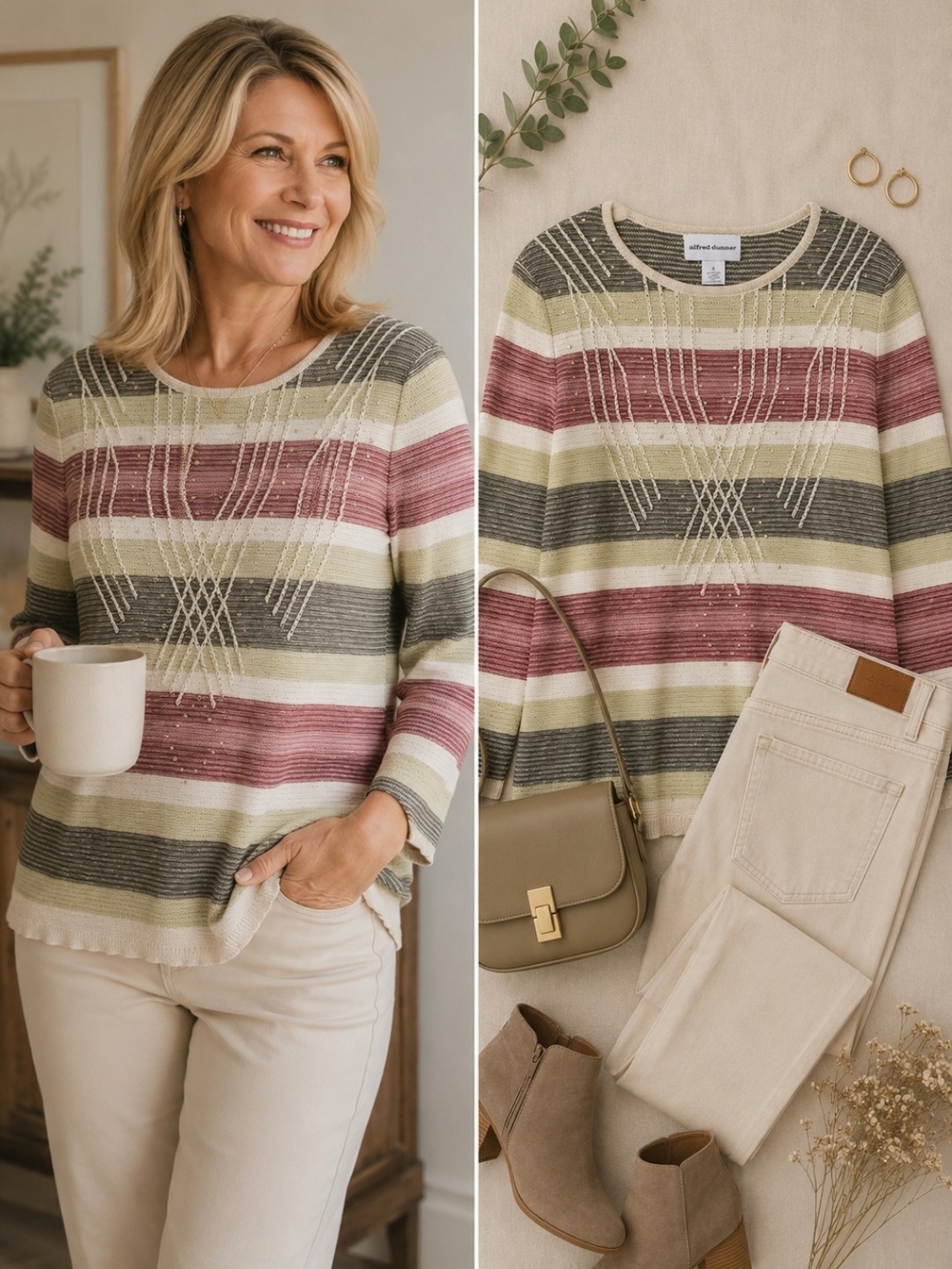 Alfred Dunner Embellished Striped Knit Sweater Small Sage Rose Taupe
